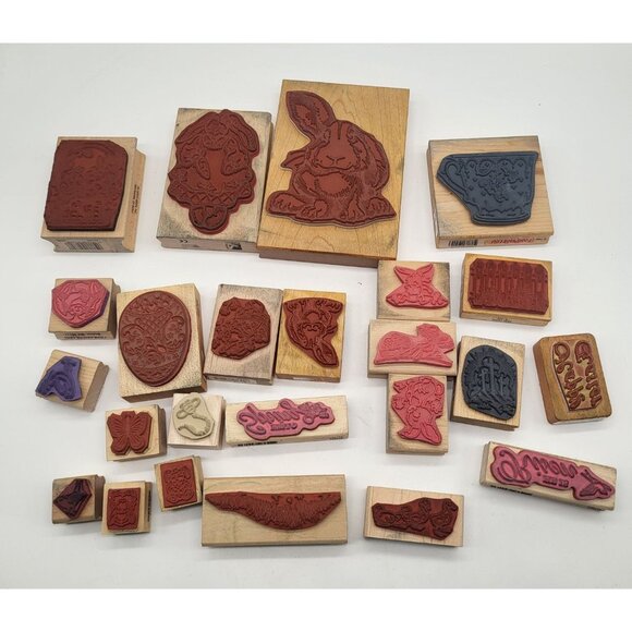 EASTER, SPRING Lot of 24 Wood Mounted Rubber Stamps Bunny Ducks Egg Religious - Picture 2 of 7